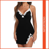 Deep V Bow Side Slit Slim Suspender Nightdress
